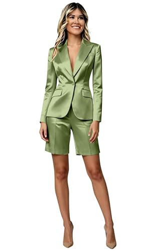 FSERJF Womens Suit for Wedding 2 Piece Satin Shorts Sets for Women Formal Slim Fit Womens Tuxedo Elegant Business Pantsuit Sage Green S | Amazon (US)