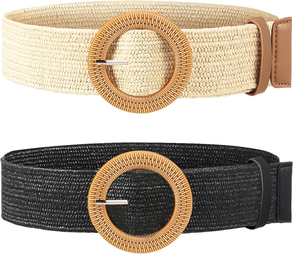 2 Pieces Women Straw Woven Elastic Stretch Waist Belt Skinny Dress Braided Waist Belt with Wooden... | Amazon (US)