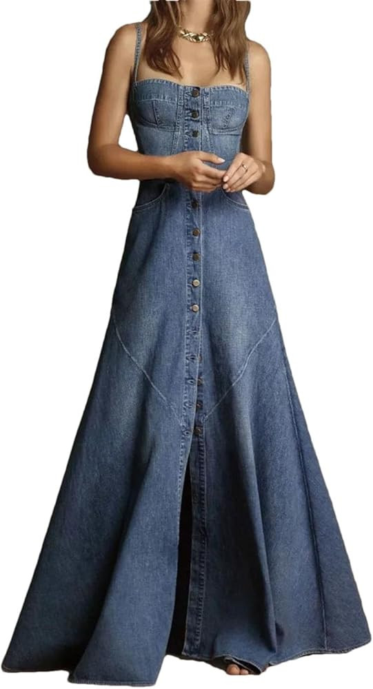 Women Summer Denim Party Spaghetti Strap Single Breasted Button Elegant A-Line Split Hem Vintage ... | Amazon (US)