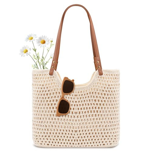 Peicees Crochet Beach Bag Purse, Boho Woven Tote with Leak-Proof Lining For Summer Vacation Trave... | Amazon (US)