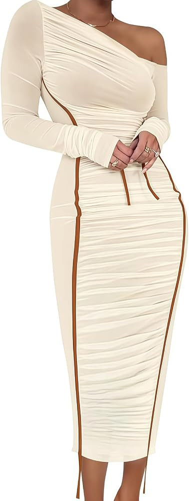 Women's Long Sleeve Mesh Dress - Bodycon Off Shoulder Mesh Ruched Cocktail Club Maxi Dresses | Amazon (US)