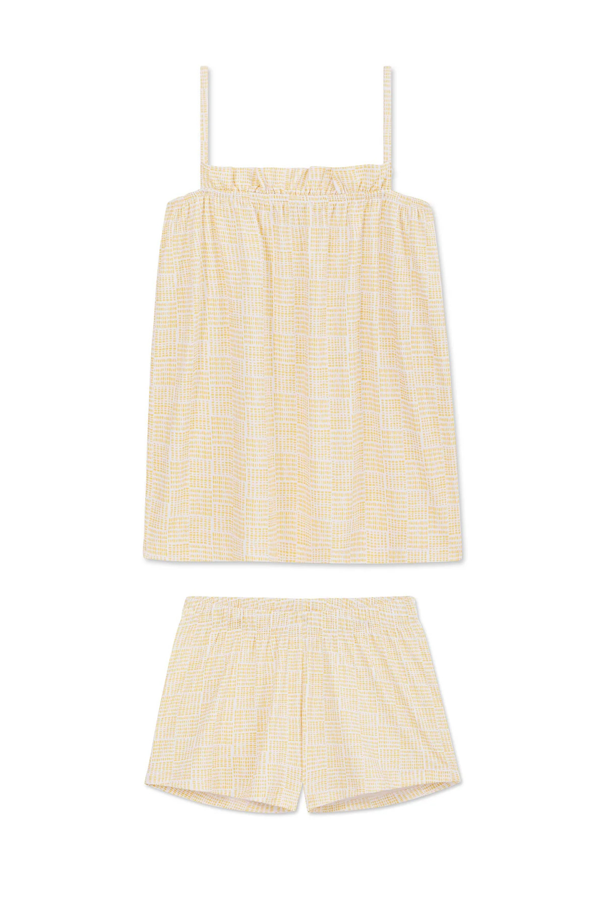 Pima Ruffle Shorts Set in Maize Blockprint | Lake Pajamas