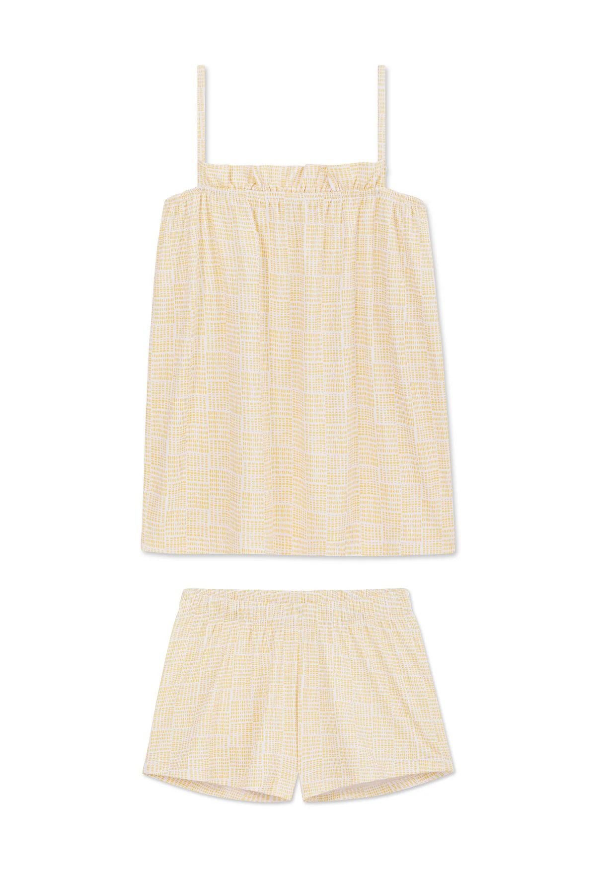 Pima Ruffle Shorts Set in Maize Blockprint | Lake Pajamas