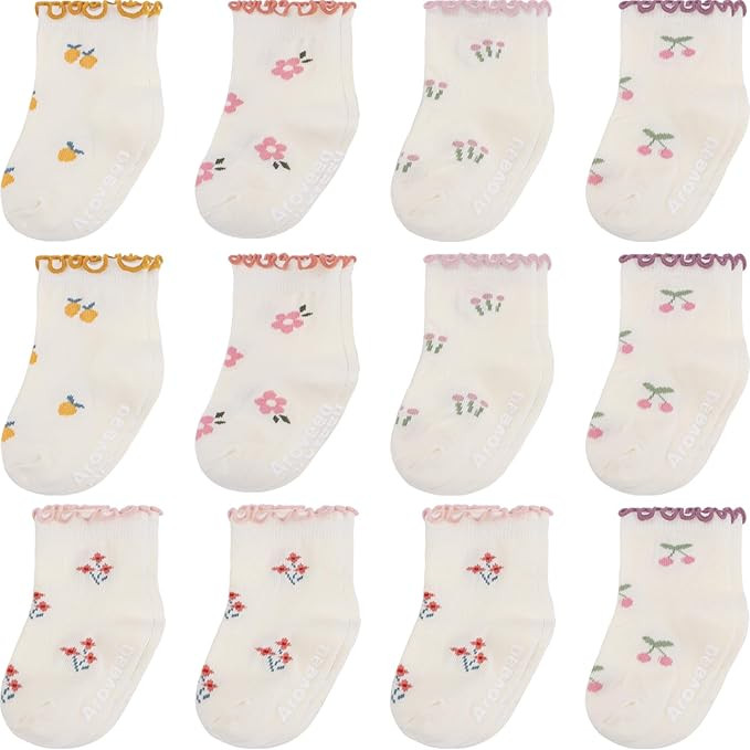 Baby Toddler Girls Socks Grip Ruffle Non Slip Girls Cotton 12 Pack Socks for Kids Cute Ankle 6M-7... | Amazon (US)