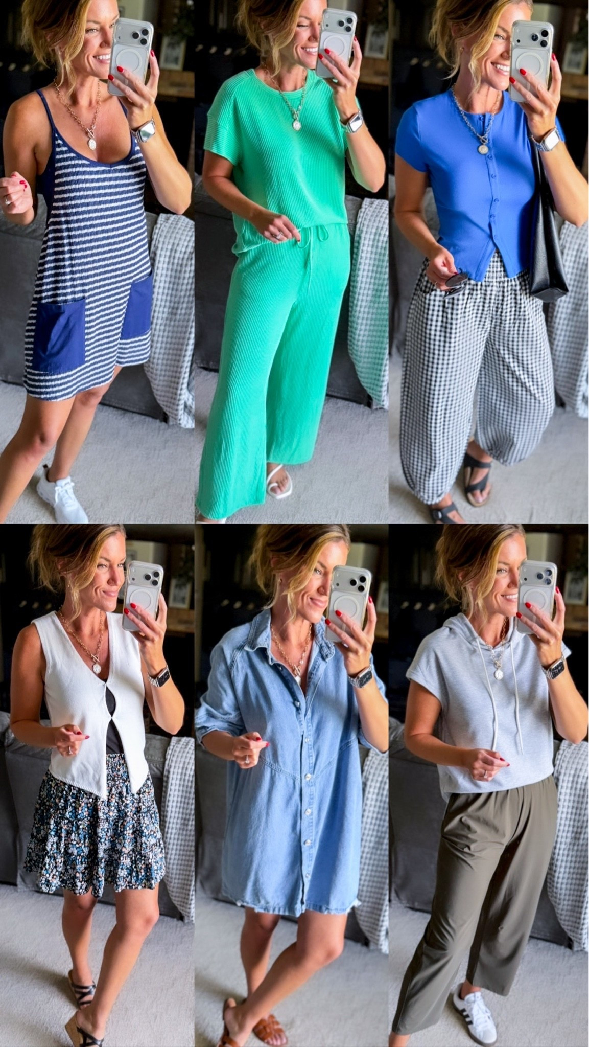A no denim shorts or leggings kind of Summer. 
Set/medium
Dresses/ medium 
Hoodie/ small
Green pants/ medium
Blue top/ small
Gingham pants/ small
Vest/ small
Skirt/ medium

#LTKSeasonal #LTKOver40 #LTKmomlife