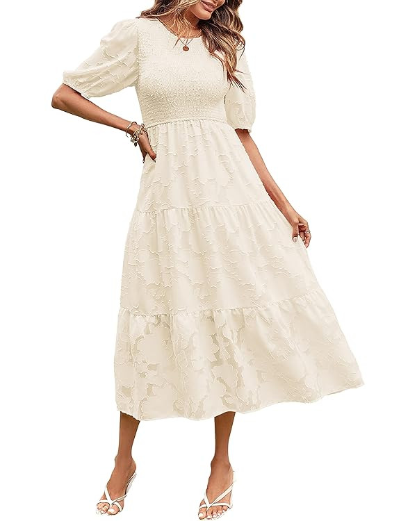 MEROKEETY Women's 2024 Summer Puff Sleeve Smocked Floral Dress Crewneck Lace Flowy Tiered Midi Dr... | Amazon (US)