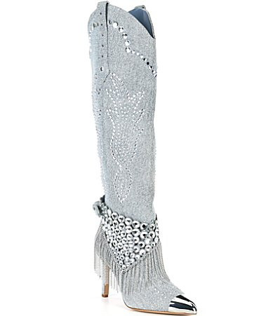 Gianni Bini Kaitrin Denim Rhinestone Embellished Bandana Over-the-Knee Boots - 5.5 | Dillard's