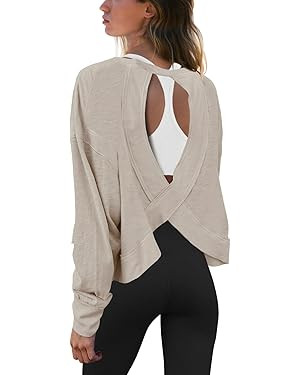 Panadila Womens Open Back Workout Top Long Sleeve Athletic Shirts Casual Crop Running Tee Y2k Yog... | Amazon (US)