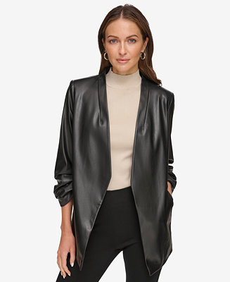 DKNY Women's Ruched 3/4 Sleeve Faux Leather Blazer - Macy's | Macy's