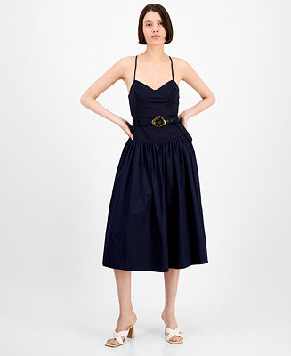 Women's Melody Mixed-Media Belted Midi Dress | Macy's