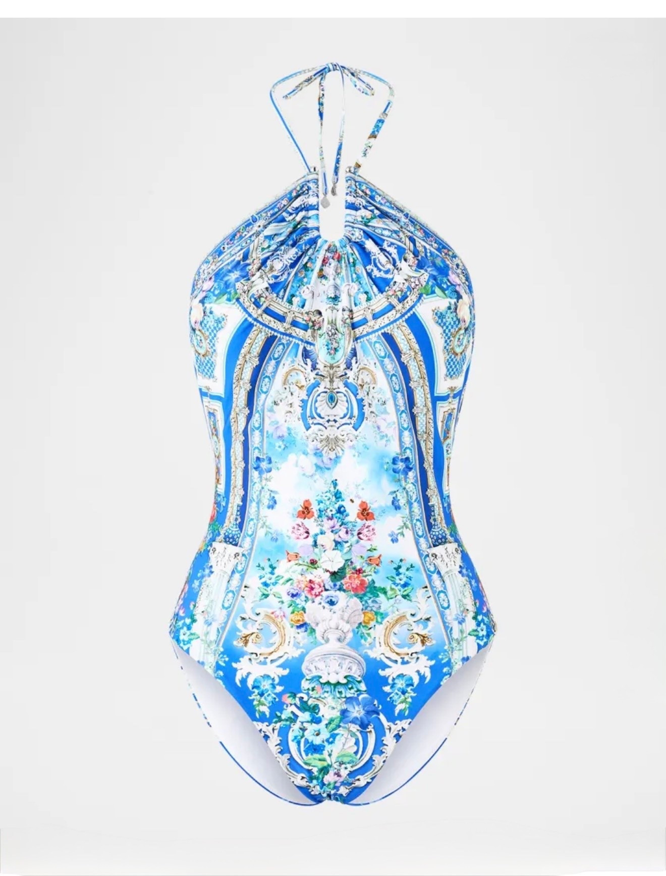 Camilla
Ottoman Opulence Diamond Neck Halter One-Piece Swimsuit

This one-piece swimsuit by Camilla boasts vibrant Ottoman Opulence print, intricately placed crystal embellishments, and a U-ring detail

#LTKTravel #LTKActive #LTKSeasonal