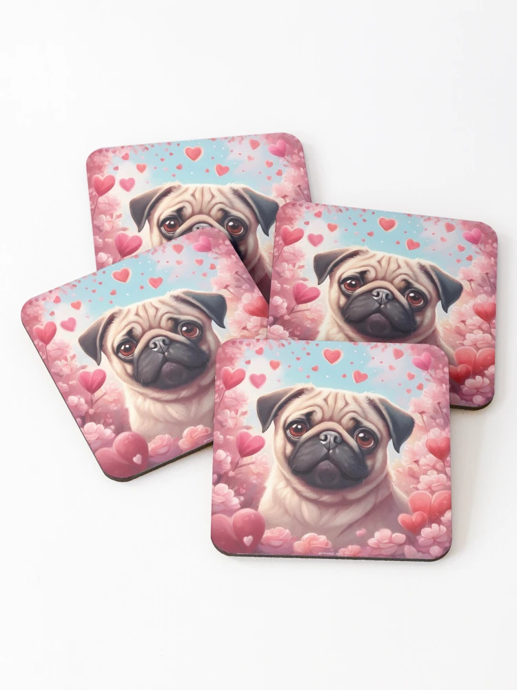 Valentine Fawn Pug Coasters (Set of 4) | Redbubble (US)
