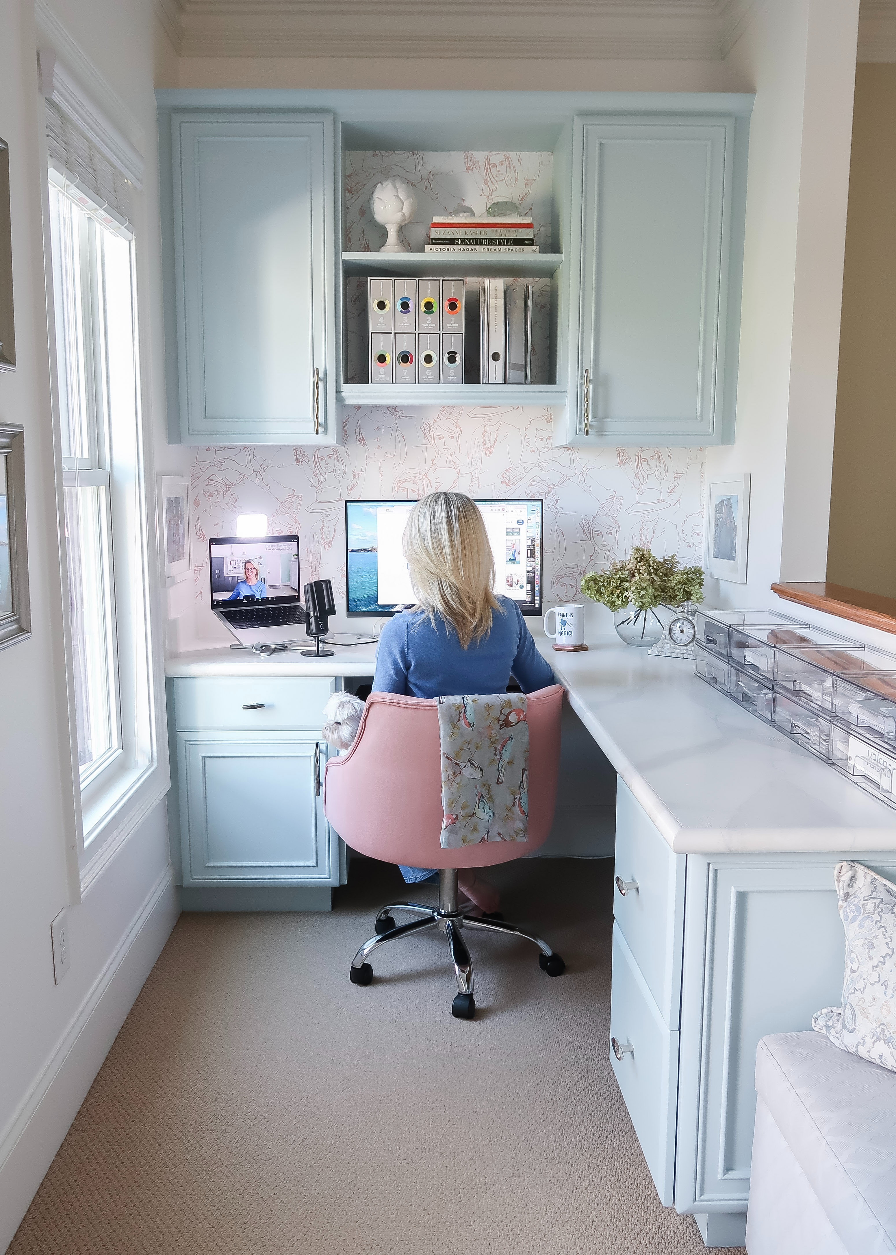 Want to know this gorgeous cabinet color? #ad Tradewind by HGTV Home by Sherwin Williams available at @loweshomeimprovement. Click to buy a sample and try this color in your home. My FAVORITE paint for cabinets? Valspar Cabinet & Furniture Paint. Shop my other feminine office finds from Lowe’s. 
#lowespartner 
 

 #LTKHome #LTKSaleAlert #LTKFindsUnder50