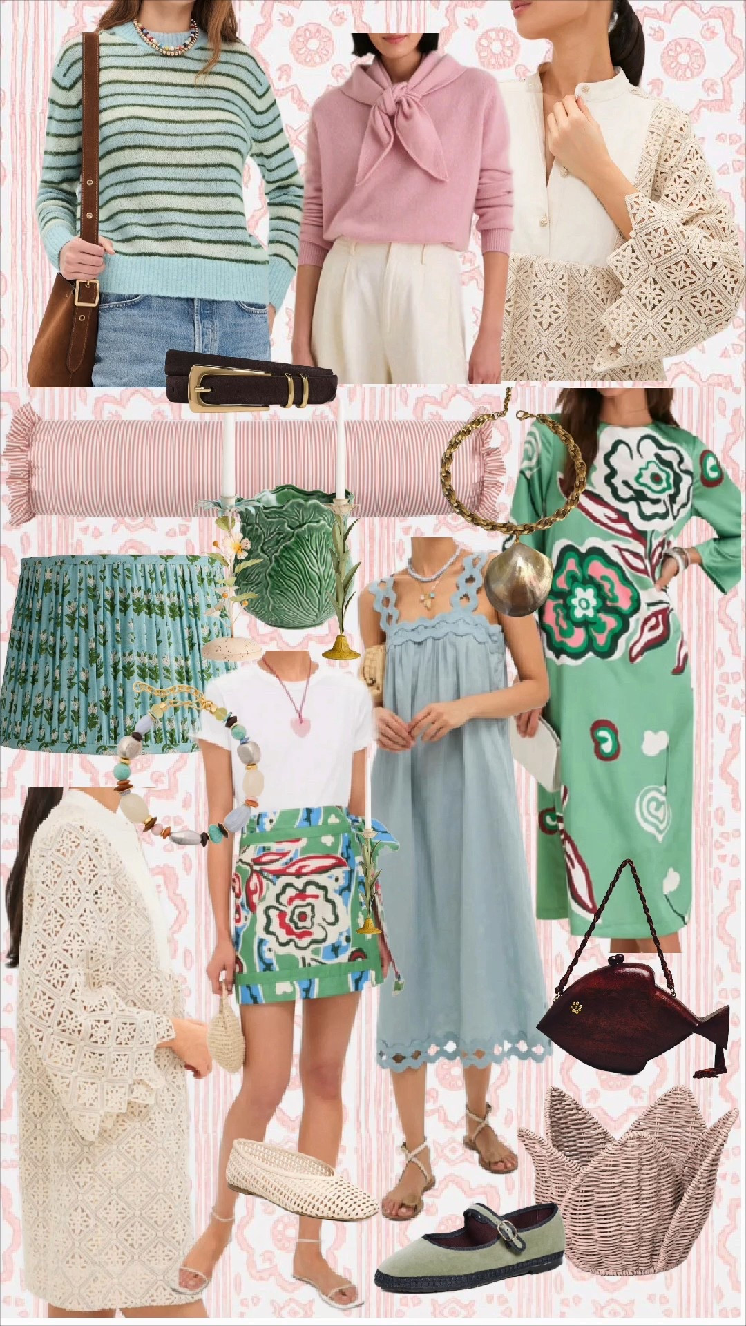 Soft pastels, playful prints, and vintage-inspired details 🌸
This edit is giving spring heirloom energy — scalloped trims, woven textures, and those charming statement accessories that make an outfit feel collected (not trendy). Perfect for garden parties, Easter weekends, brunch dates, and everyday moments that call for something special.

✨ Everything is linked on LTK — from the dresses and skirts to the accessories and shoes.

⸻

🛍️ SHOP THE LOOK
	•	Green floral midi dress
	•	Blue scalloped sleeveless dress
	•	Green printed mini skirt
	•	White puff-sleeve tee
	•	Cream lace midi skirt
	•	Crochet ballet flats
	•	Mary Jane espadrilles
	•	Woven straw tote bag
	•	Fish-shaped novelty handbag
	•	Beaded statement bracelet
	•	Gold sculptural pendant necklace
	•	Pleated floral lampshade (home accent)
	•	Green cabbage ceramic planter
	•	Pink striped bolster pillow

⸻

🌿 Style Notes

These pieces mix beautifully together — pair the printed skirt with a simple tee, add woven accessories, and let texture do the talking. It’s classic, feminine, and timeless with a wink.

⸻

🔎 HASHTAGS

#LTKSpring
#LTKStyle
#LTKFinds
#LTKHome
#GrandmillennialStyle
#ClassicWithA Twist
#SpringOutfitInspo
#EasterStyle
#GardenPartyStyle
#VintageInspired
#PreppyStyle
#FeminineFashion
#CoastalGrandmillennial

#LTKTravel #LTKHome