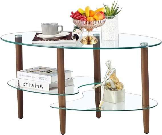 Glass Coffee Table, Modern Oval Coffee Table in Living Room with Oak Wood Leg and 2 -Tiers Glass ... | Amazon (US)