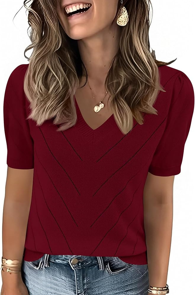LOMON Womens Sweaters Puff Short Sleeve Lightweight Knit Summer Fall Tops Dressy V-Neck Work Blou... | Amazon (US)