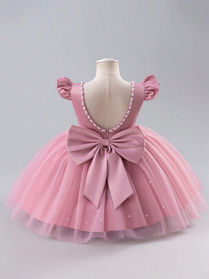 Baby Girl All-Season Fly Sleeve Dress With Mesh, Beaded Bowknot Decoration | SHEIN USA | SHEIN
