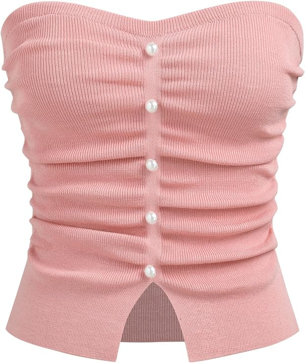 CIDER Faux Pearl Tube Tops for Women Crop Knit Split Hem Ruched Going Out Tops Cute Summer Outfit... | Amazon (US)