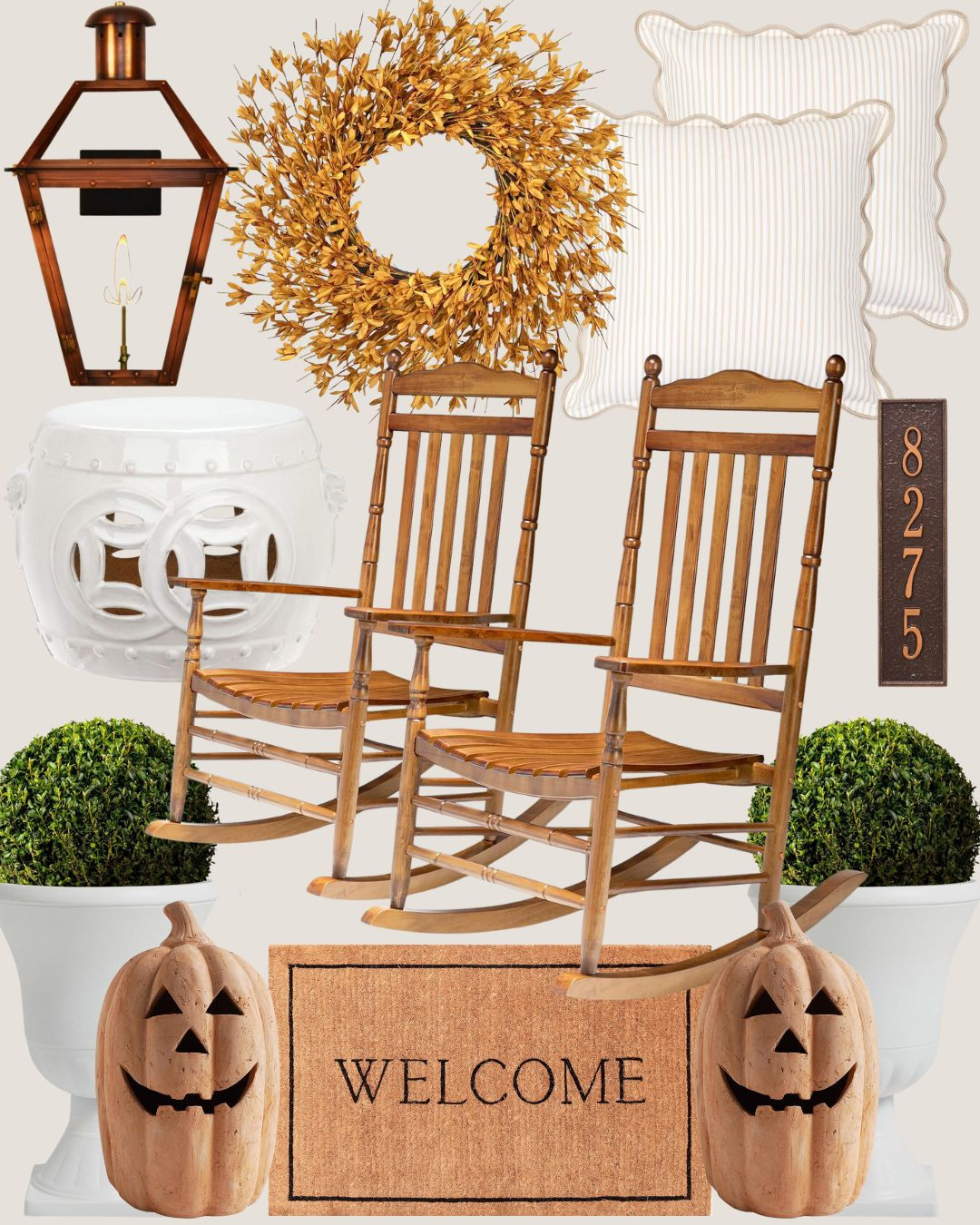 wood rocking chairs and pumpkins | fall porch decor | outdoor living essentials | welcome door mat | personalized doormat 

 #LTKSeasonal #LTKHome