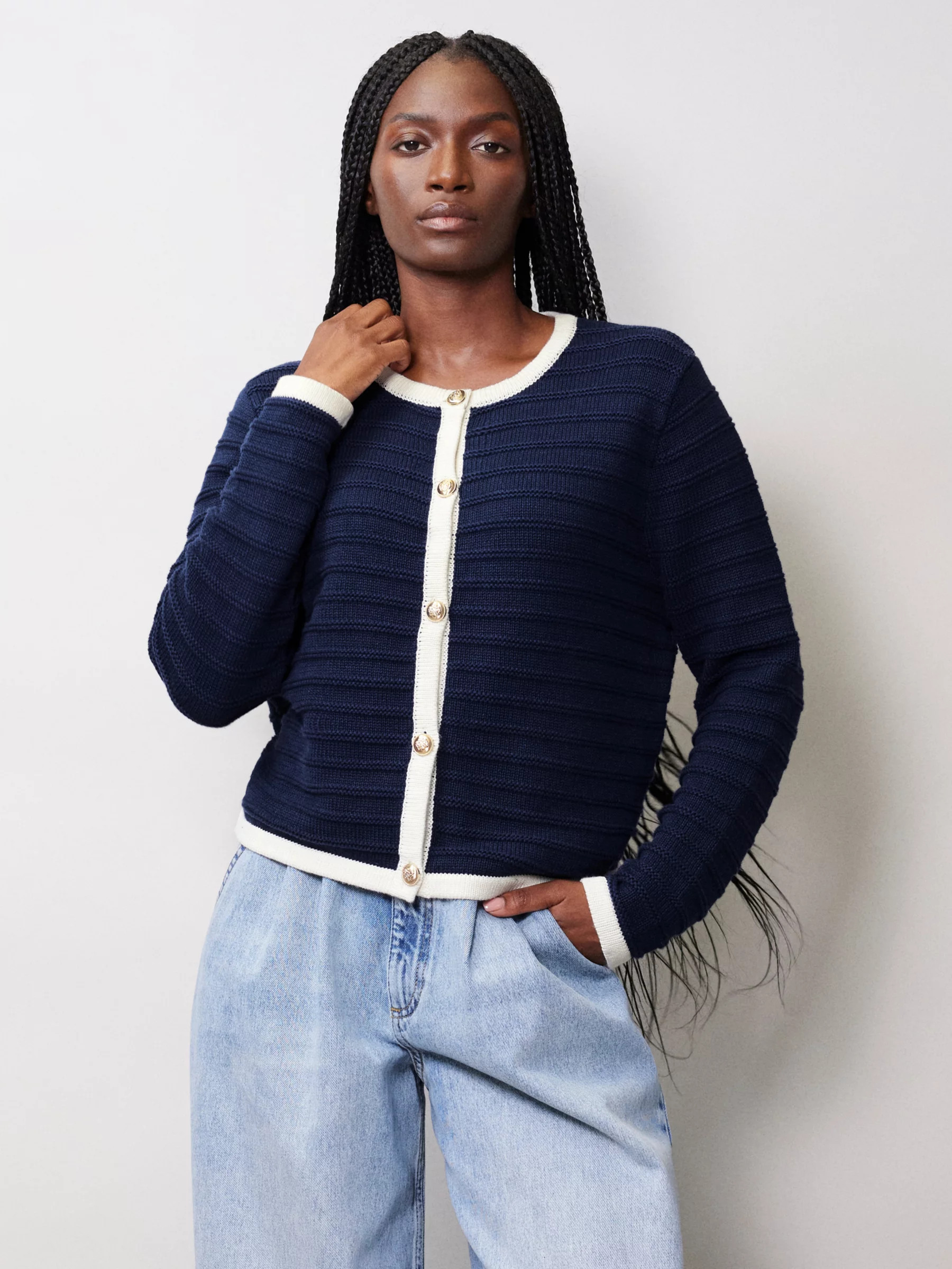 Albaray Knitted Contrast Trim Cardigan/Jacket, Navy | John Lewis (UK)