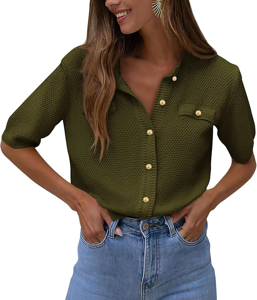 PRETTYGARDEN Women's Summer Button Down Shirts Casual Short Sleeve Crew Neck Ribbed Knit Blouse T... | Amazon (US)