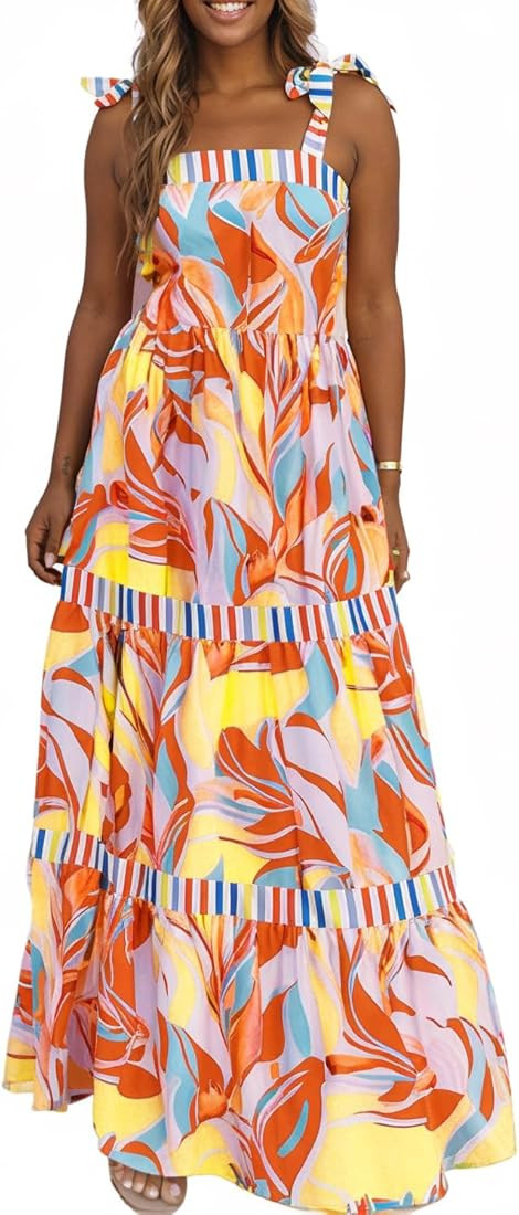 AlvaQ Women's 2025 Summer Sleeveless Floral Print Maxi Dress Strap Square Neck Beach Sun Dress | Amazon (US)