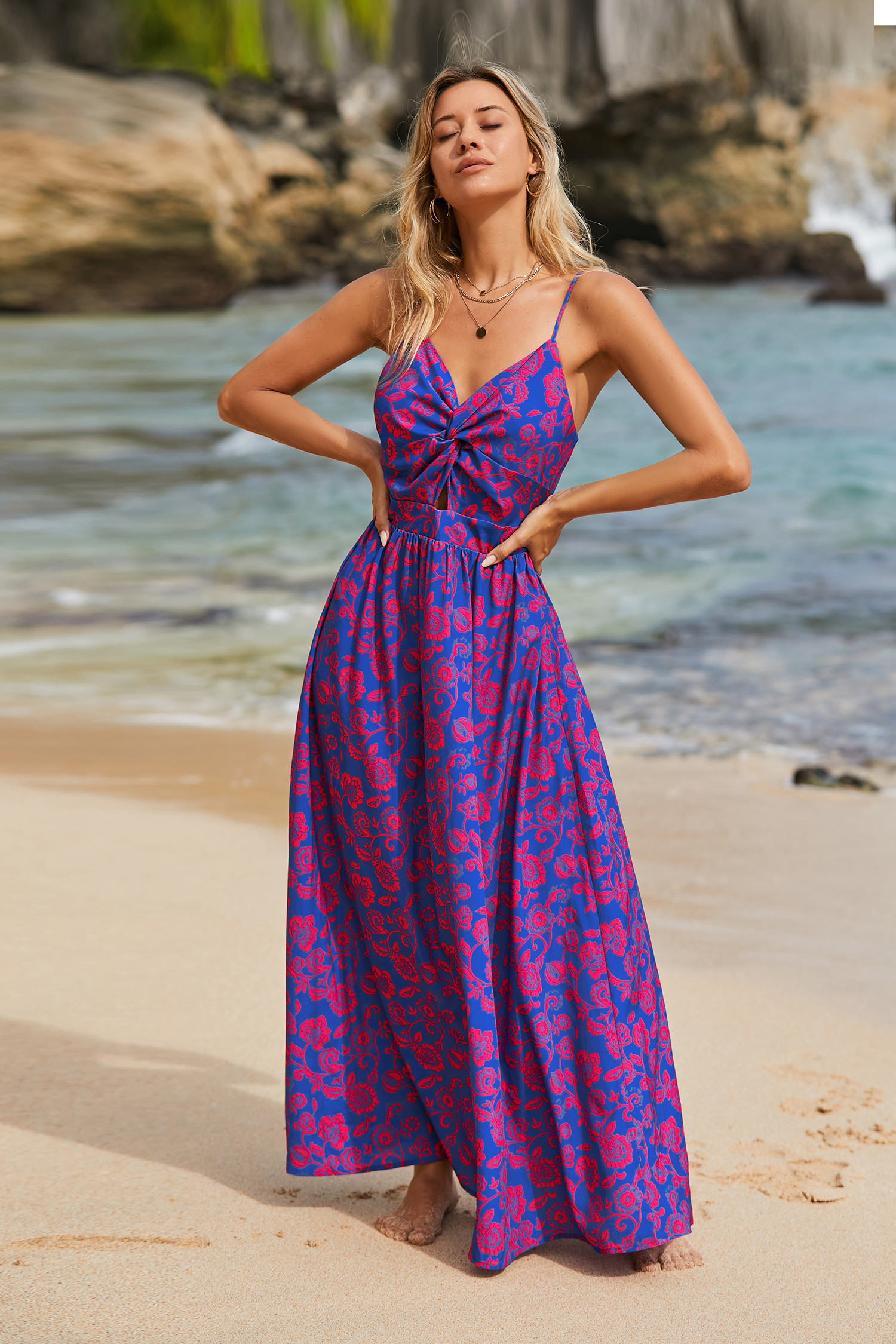 Floral Print Knotted V-Neck Maxi DressNew | Cupshe US