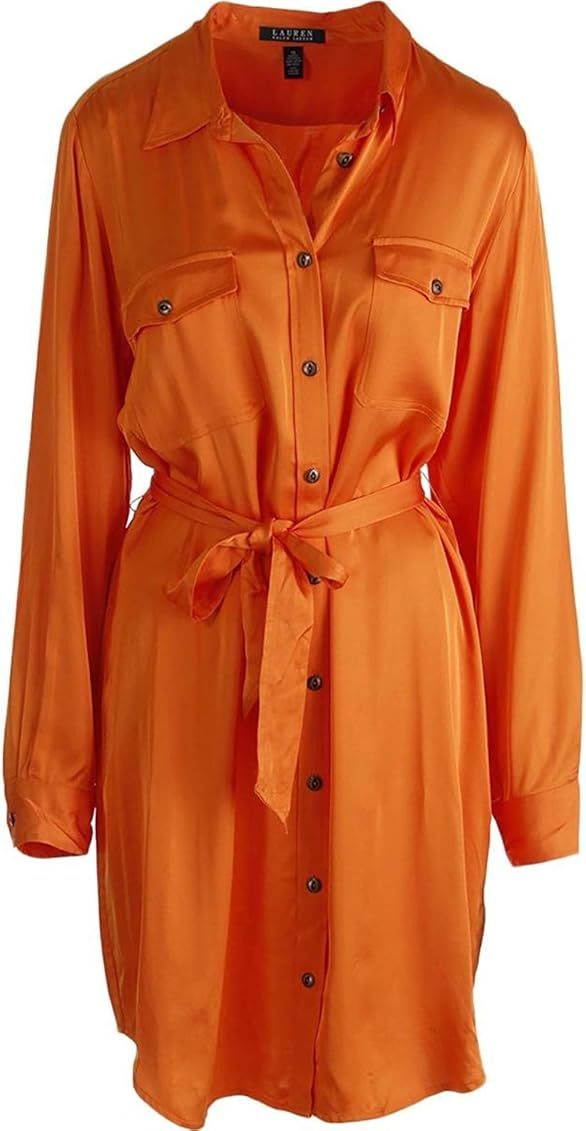 LAUREN RALPH LAUREN Belted Military Shirt Dress, Cantaloupe Orange, 16 | Amazon (US)