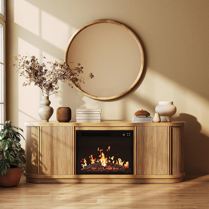 BELLEZE 67" Fluted TV Stand with Electric Fireplace Heater w/Sound, Curved Entertainment Center w... | Amazon (US)