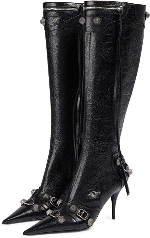 Kluolandi Women's Stiletto High Heel Knee High Boots with Tassel Pointy Toe Studded Zipper Booties D | Amazon (US)