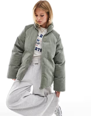 ASOS DESIGN cord oversized puffer jacket in sage | ASOS (Global)