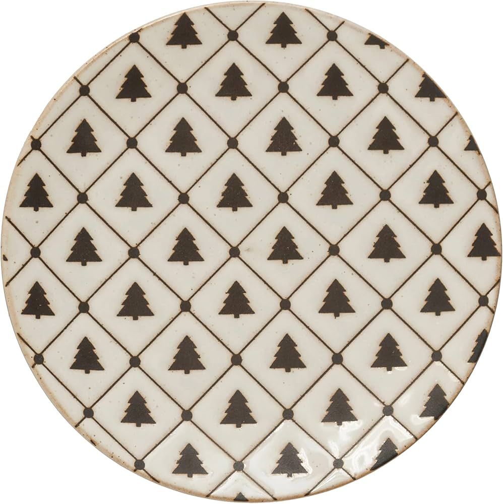 6" Round Stoneware Plate with Tree Pattern, Reactive Glaze, White and Black | Amazon (US)