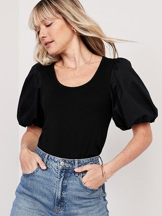 Fitted Puff-Sleeve Paneled Rib-Knit T-Shirt for Women | Old Navy (US)