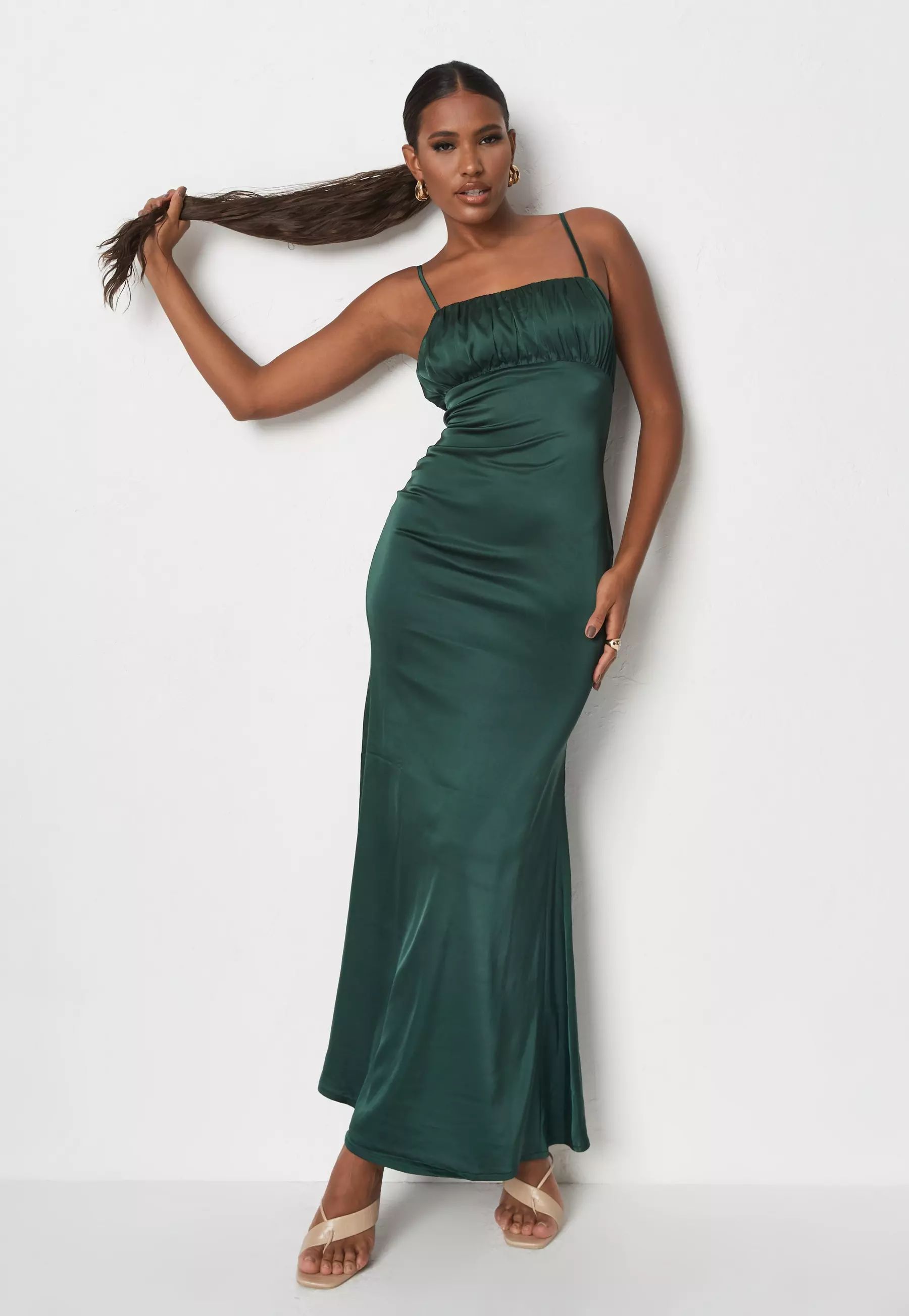 Petite Green Satin Ruched Bust Strappy Maxi Dress | Missguided (US & CA)