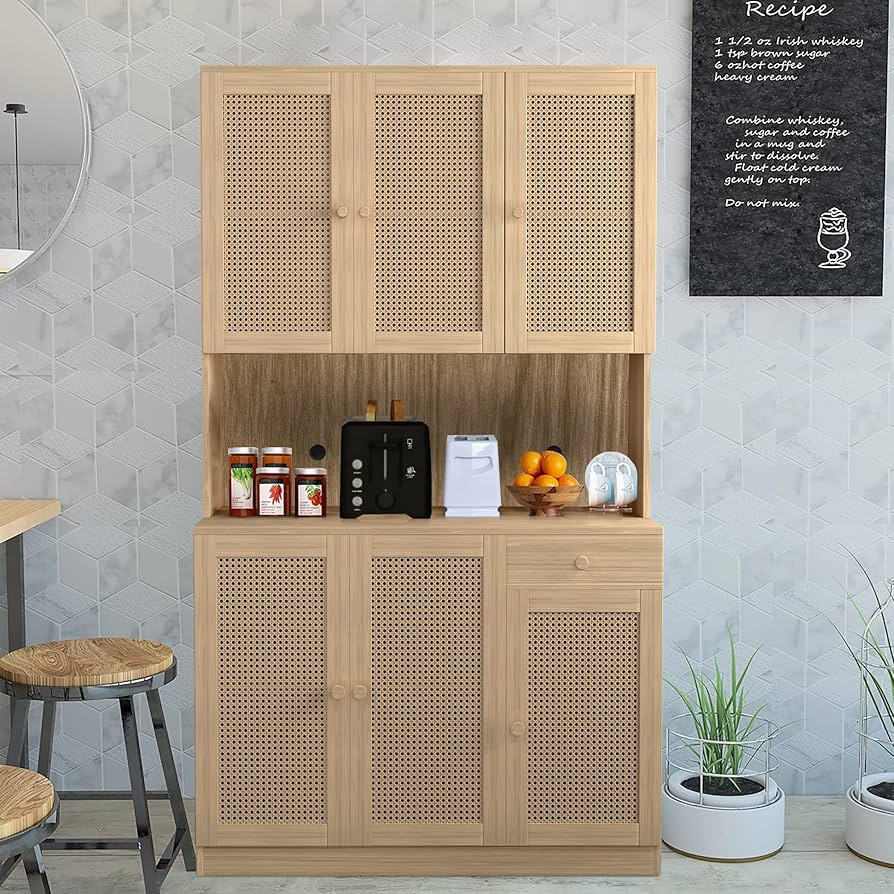 Amazon.com - Wirrtory 71” Rattan Freestanding Kitchen Pantry Storage Cabinet, Buffet Cupboards ... | Amazon (US)