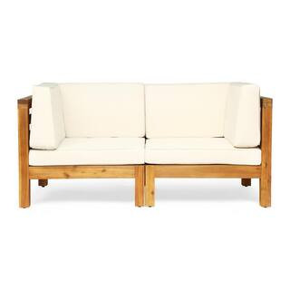 Jonah Teak Wood Outdoor Loveseat with Beige Cushions | The Home Depot
