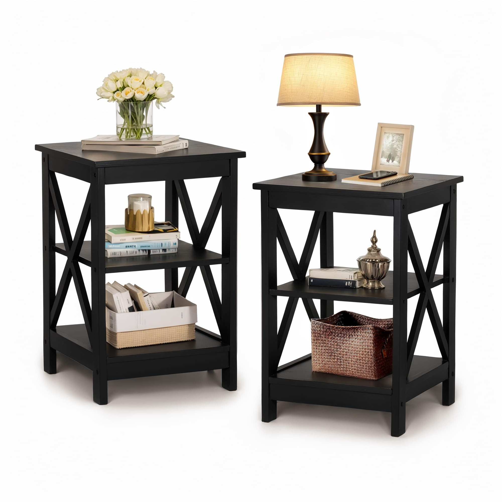 PHI VILLA Black End Table, Side Table for Living Room Set of 2, Nightstand/Bedside Table | Amazon (US)