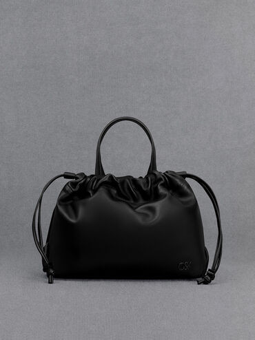 Black Leather Ruched Drawstring Bag | CHARLES & KEITH | Charles & Keith CA