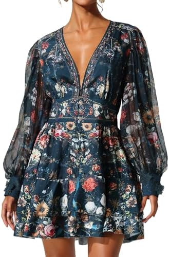 Exquisite Deep V Floral Print Mini Boho Dress Fashionable Sheer Long Puff Sleeve Party Dress | Amazon (US)