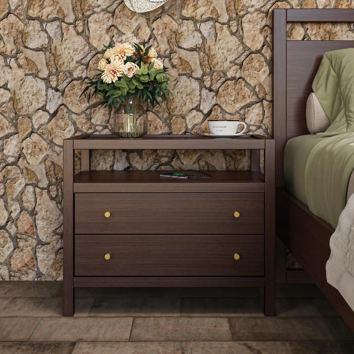 Double-Drawer Charging Nightstand With Streamlined Bullet Handles | Wayfair North America