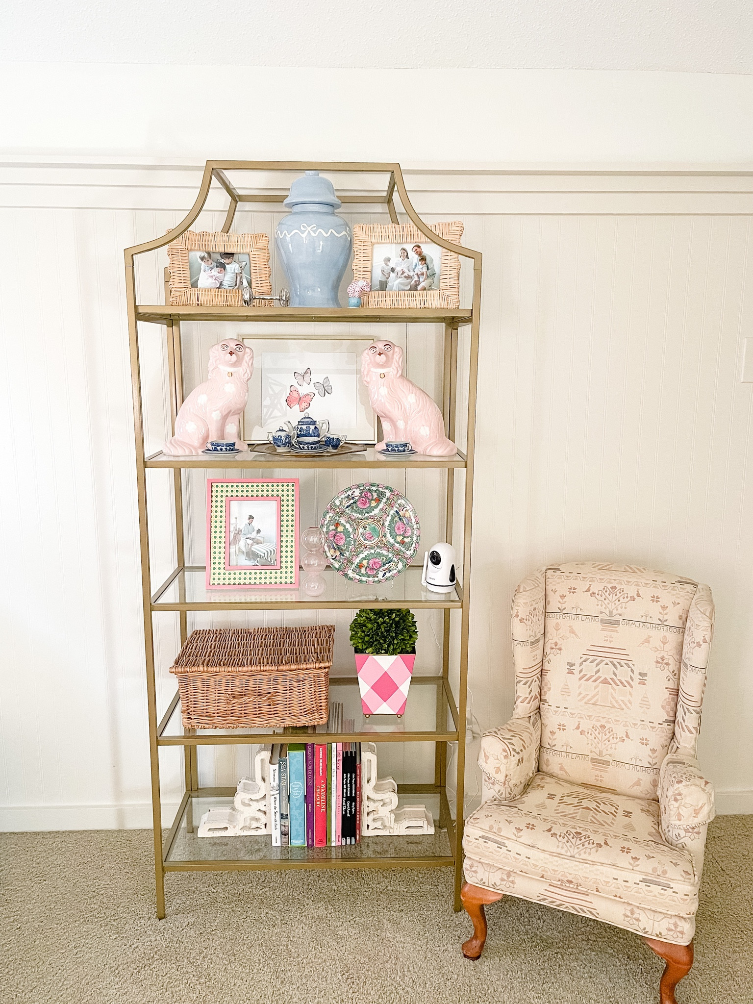 Pink and green nursery // baby girl // palm beach // preppy // grandmillennial // ginger jar // rattan picture frame // pink staffordshire dogs // watercolor print // blue willow tea set // rose medallion // gold etagere 

#LTKbaby #LTKkids #LTKhome