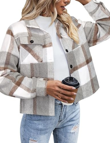 Zeagoo Plaid Shirts for Women Cropped Flannel Jacket Winter Button Fashion Long Sleeve Shacket Shirt Coat | Amazon (US)