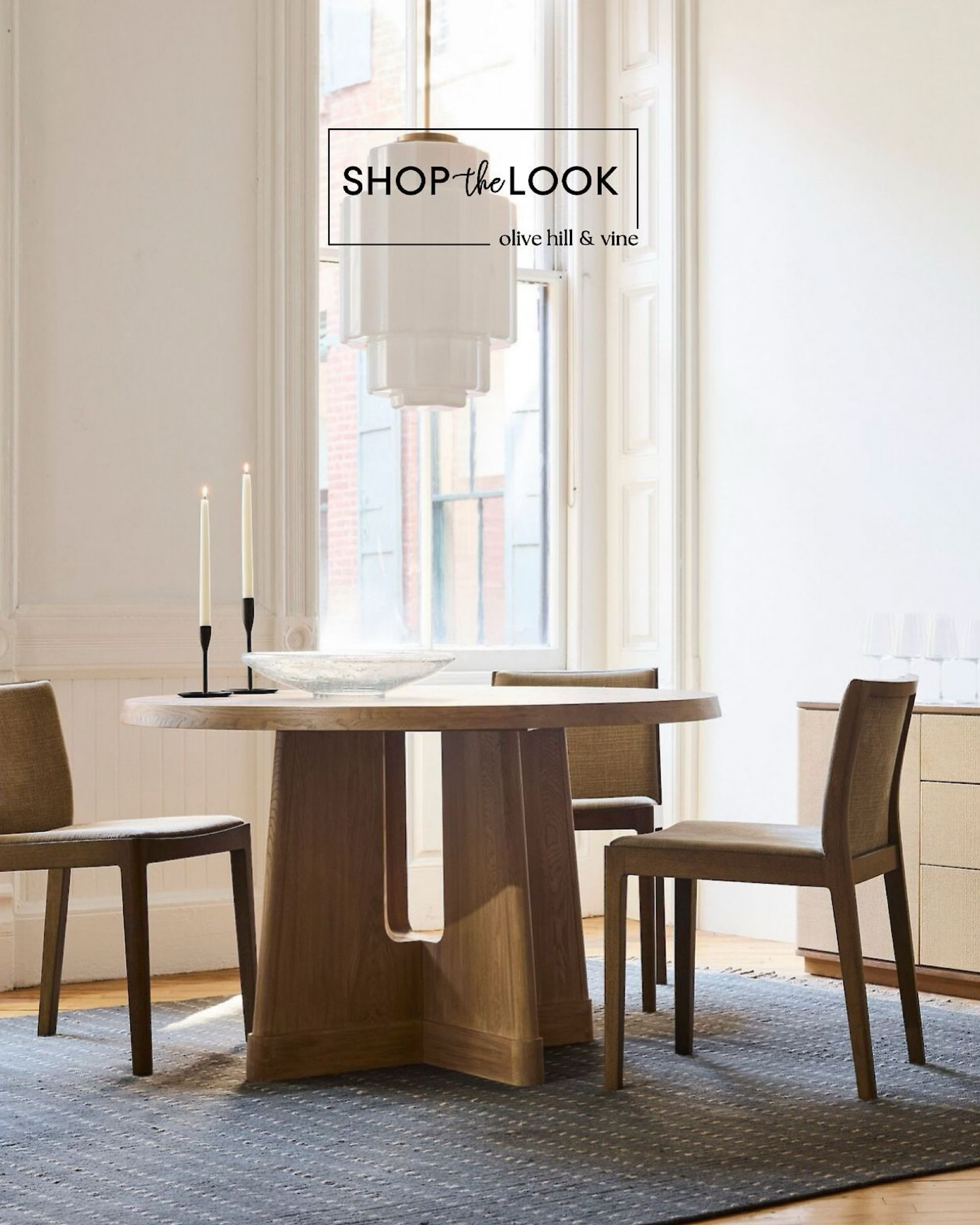 A dining space that’s all about modern simplicity with a bold touch. A round-top table with oversized, cutout legs pairs effortlessly with padded chairs for stylish comfort. Organic textures shine in the painted grasscloth buffet, dot-pattern wool rug, and sculptural lighting.  

#LTKHome #LTKStyleTip #LTKFamily