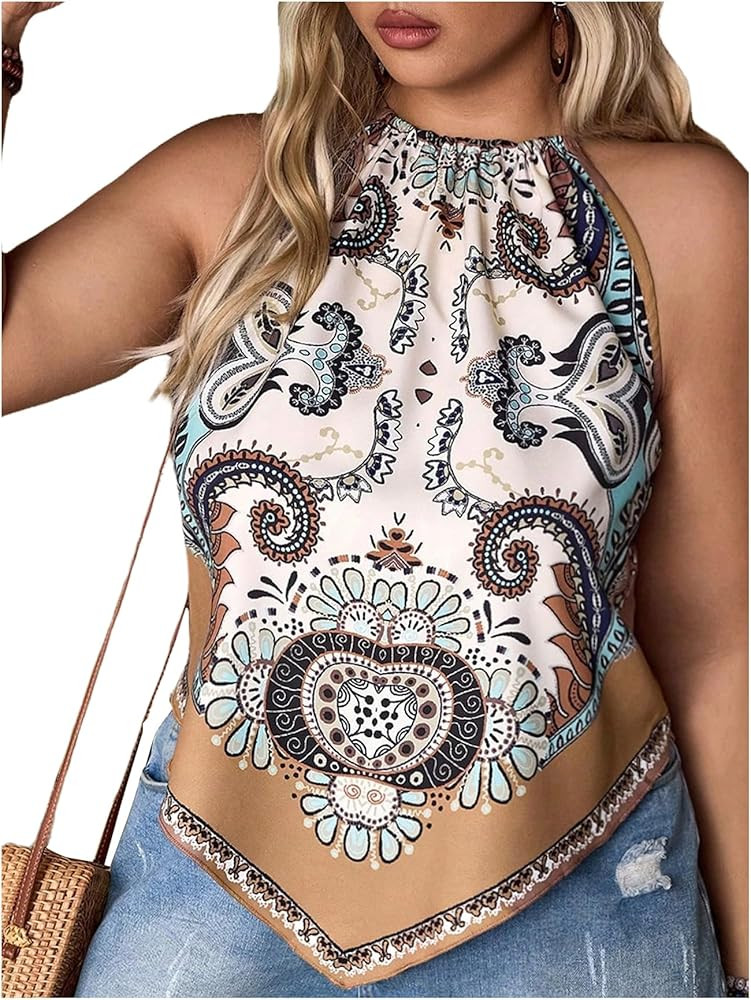 Floerns Women's Plus Size Floral Print Halter Tops Sleeveless Hanky Hem Western Tank Top Tan Top | Amazon (US)