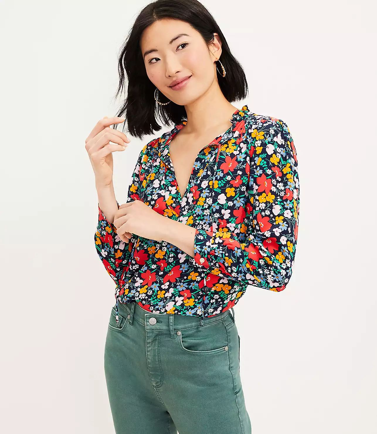 Garden Ruffle Tie Neck Blouse | LOFT