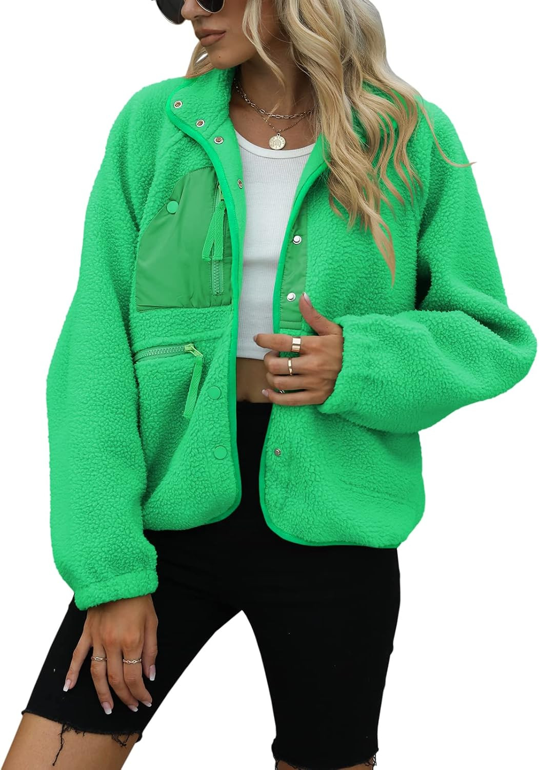 Yanekop Womens Fleece Jacket Fuzzy Long Sleeve Short Coats Button Down Sherpa Outerwear with Pock... | Amazon (US)