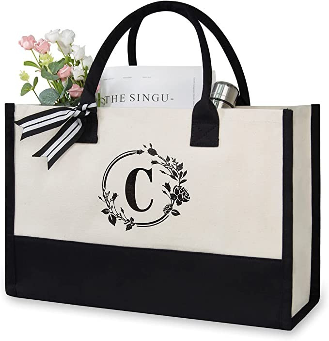 TOPDesign Personalized Initial Canvas Beach Bag, Monogrammed Gift Tote Bag for Women | Amazon (US)