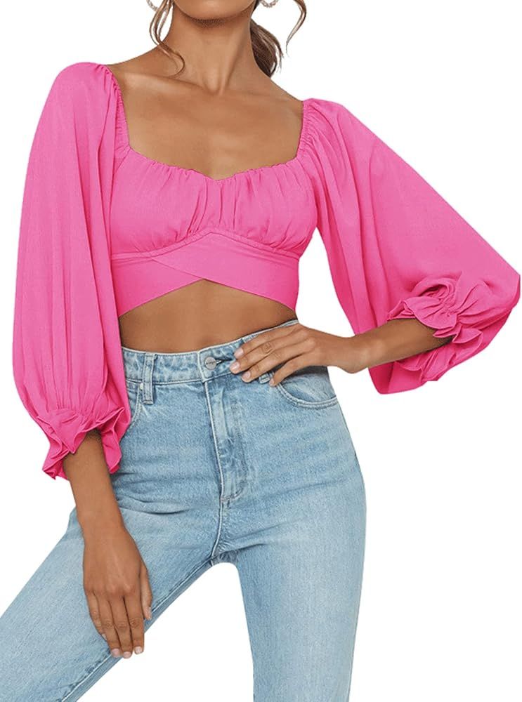 LYANER Women's Cute Off Shoulder Long Sleeve Self Tie Knot Crop Tube Top Blouse | Amazon (US)