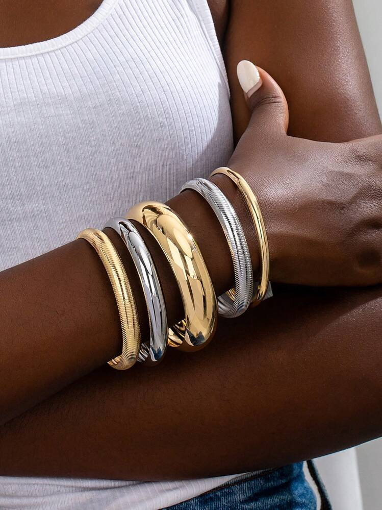 5 Pcs Stacked Metal Cuff Bangles Set , Minimalist Stackable Cuff Bracelets For Women , Golden Sil... | SHEIN