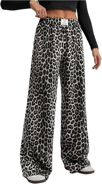RoseSeek Women's Leopard Print Wide Leg Pants Patched Elastic Waist Casual Loose Trousers | Amazon (US)